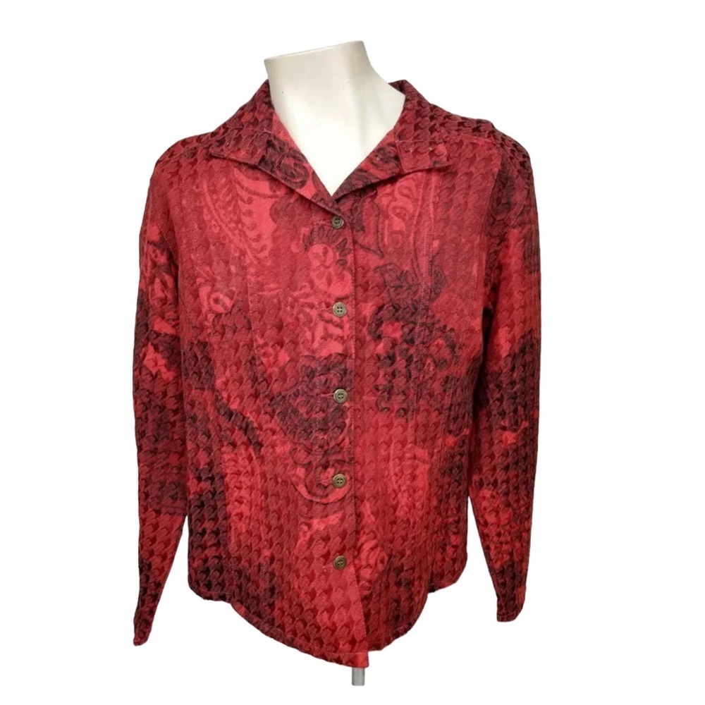 Chicos Brocade Jacket Red Black Jacquard Front Button Up Size 2